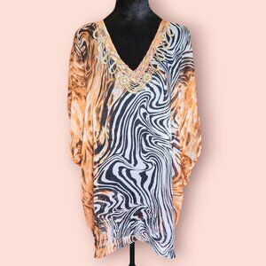 Jessica Taylor zebra print sheer boho Kaftan kimono beach swim cover up size XL